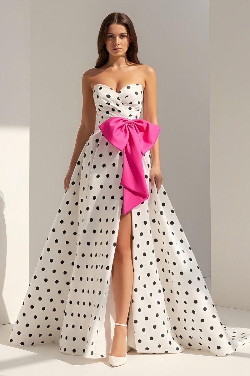 Averna | Fuchsia - Strapless A Line Polka Dots Satin Long Prom Dresses With Bow - KissProm