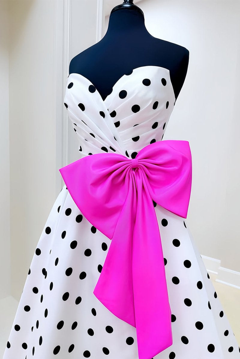 Averna | Fuchsia - Strapless A Line Polka Dots Satin Long Prom Dresses With Bow - KissProm