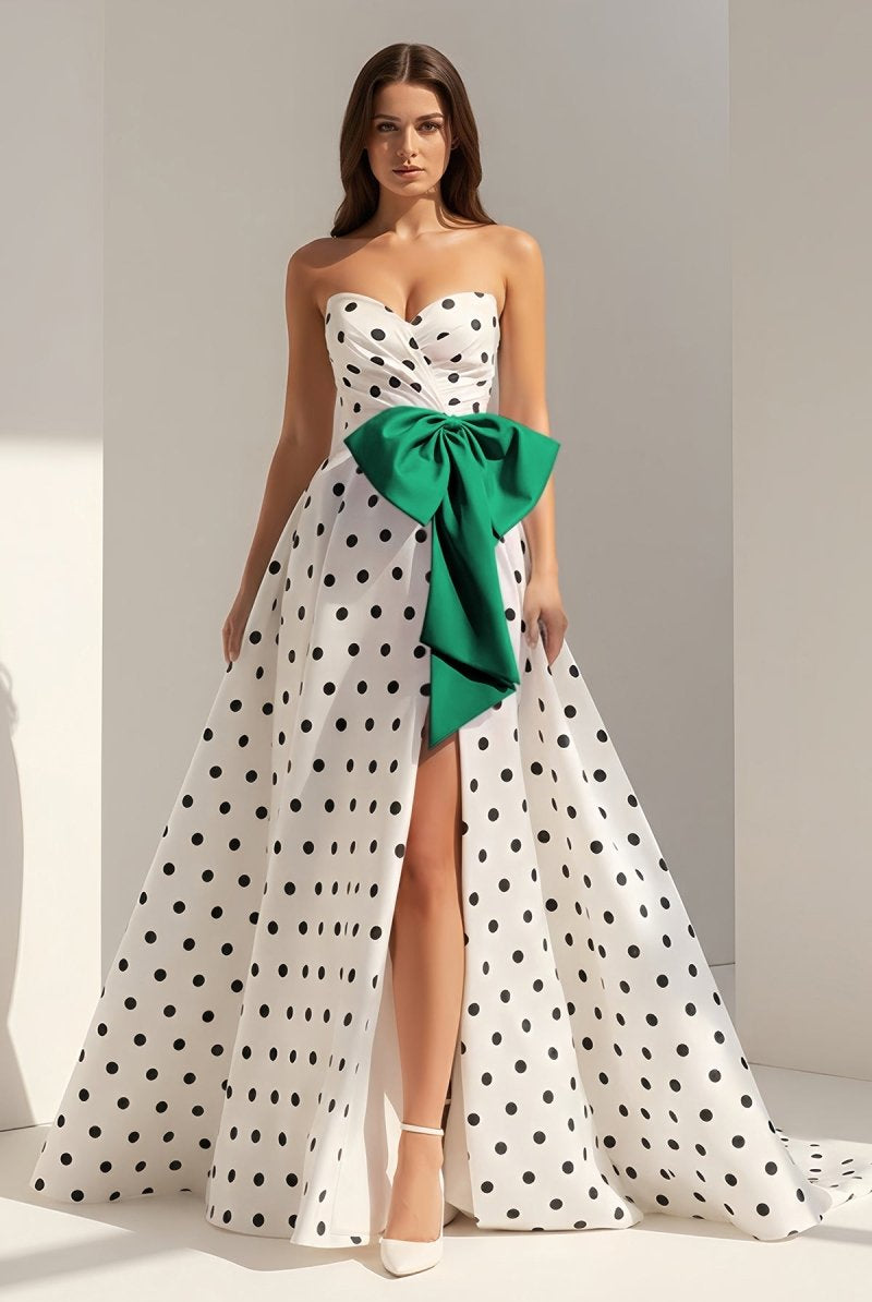 Averna | Green - Strapless A Line Polka Dots Satin Long Prom Dresses With Bow - KissProm