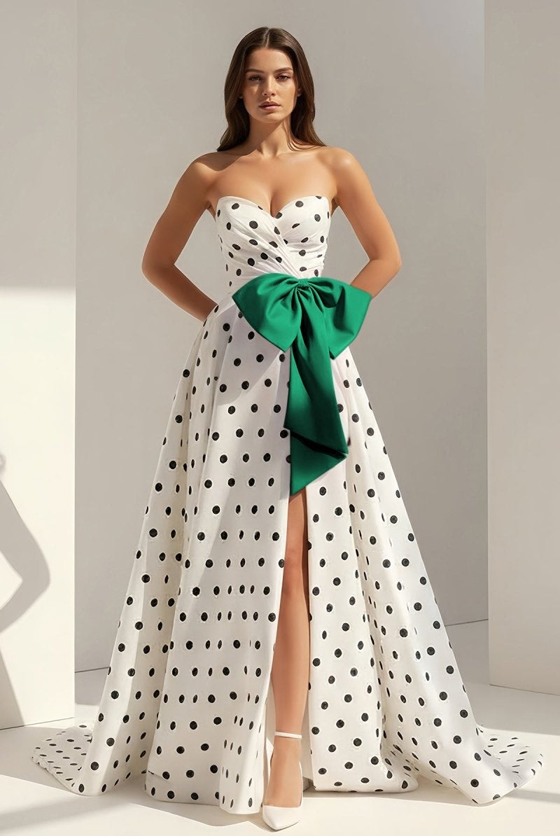 Averna | Green - Strapless A Line Polka Dots Satin Long Prom Dresses With Bow - KissProm