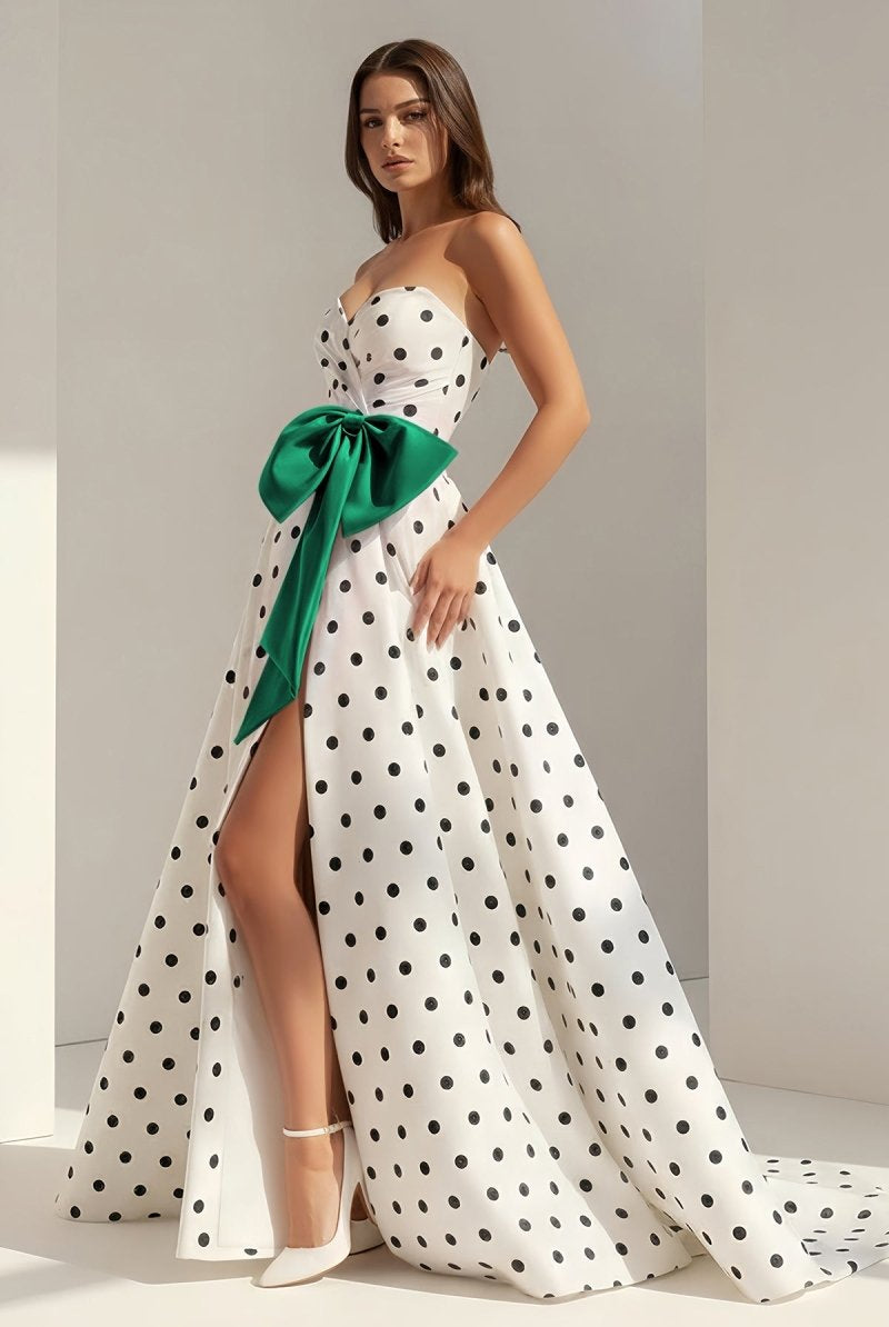 Averna | Green - Strapless A Line Polka Dots Satin Long Prom Dresses With Bow - KissProm