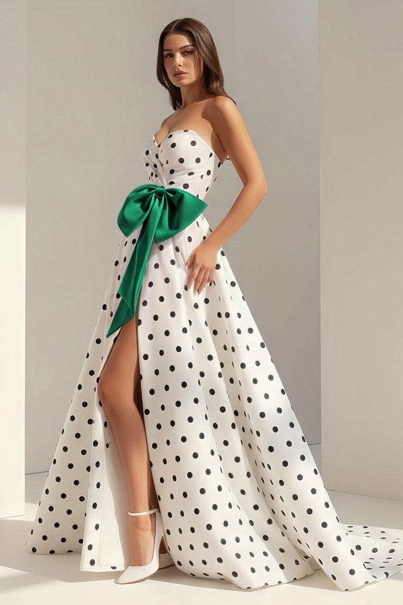 Averna | Green - Strapless A Line Polka Dots Satin Long Prom Dresses With Bow - KissProm
