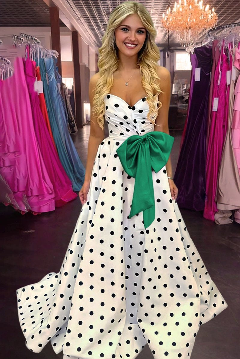 Averna | Green - Strapless A Line Polka Dots Satin Long Prom Dresses With Bow - KissProm