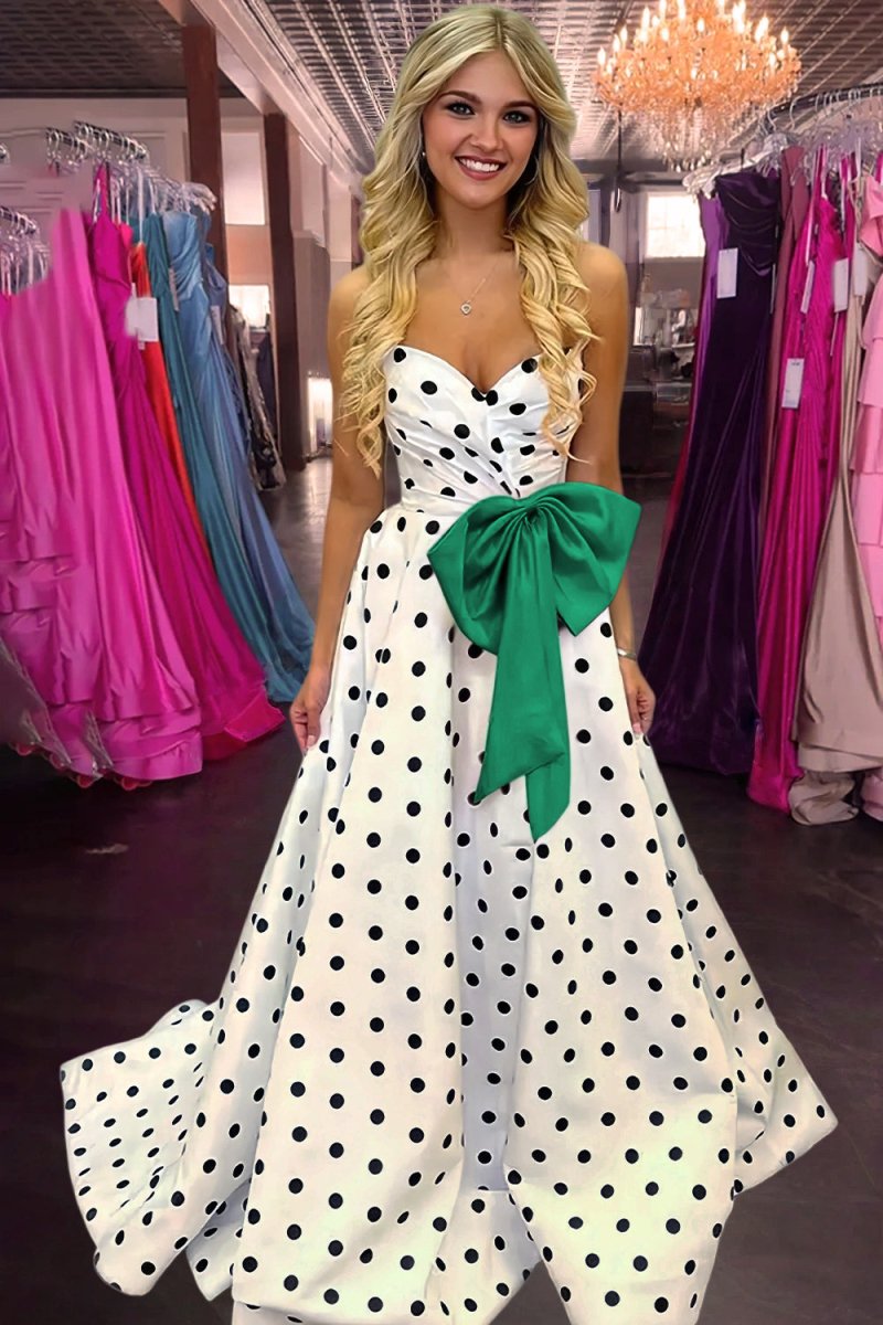 Averna | Green - Strapless A Line Polka Dots Satin Long Prom Dresses With Bow - KissProm