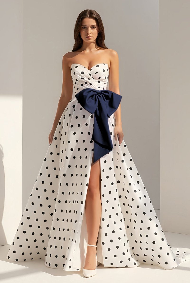 Averna | Navy Blue - Strapless A Line Polka Dots Satin Long Prom Dresses With Bow - KissProm