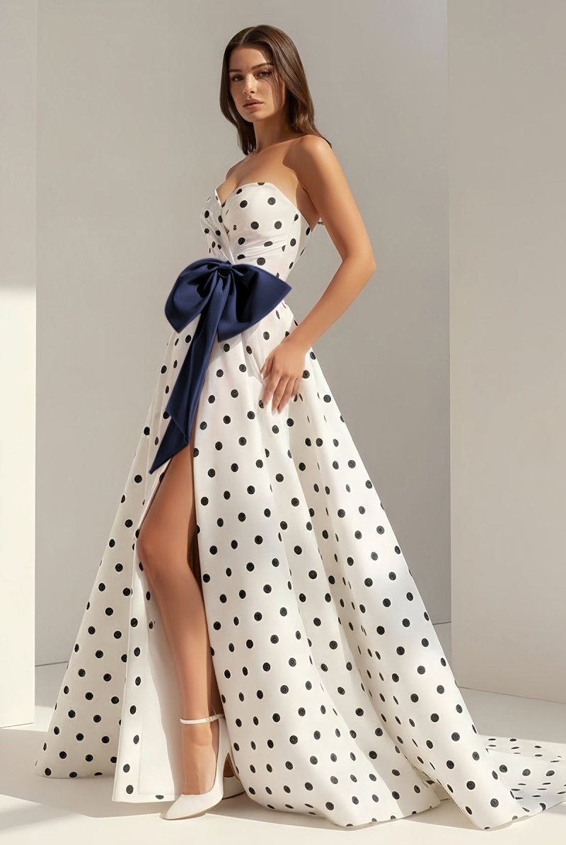 Averna | Navy Blue - Strapless A Line Polka Dots Satin Long Prom Dresses With Bow - KissProm