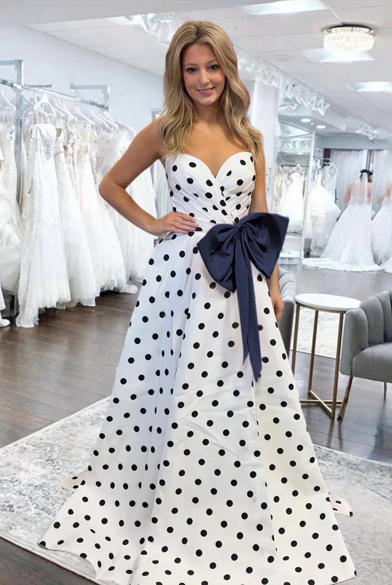Averna | Navy Blue - Strapless A Line Polka Dots Satin Long Prom Dresses With Bow - KissProm