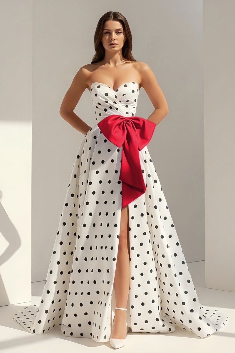 Averna | Red - Strapless A Line Polka Dots Satin Long Prom Dresses With Bow - KissProm