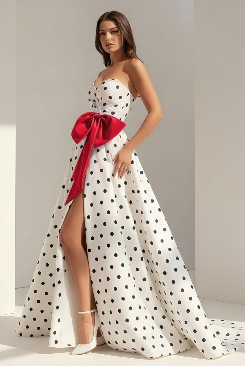 Averna | Red - Strapless A Line Polka Dots Satin Long Prom Dresses With Bow - KissProm