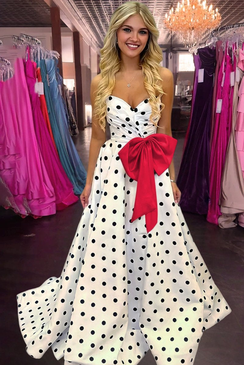 Averna | Red - Strapless A Line Polka Dots Satin Long Prom Dresses With Bow - KissProm
