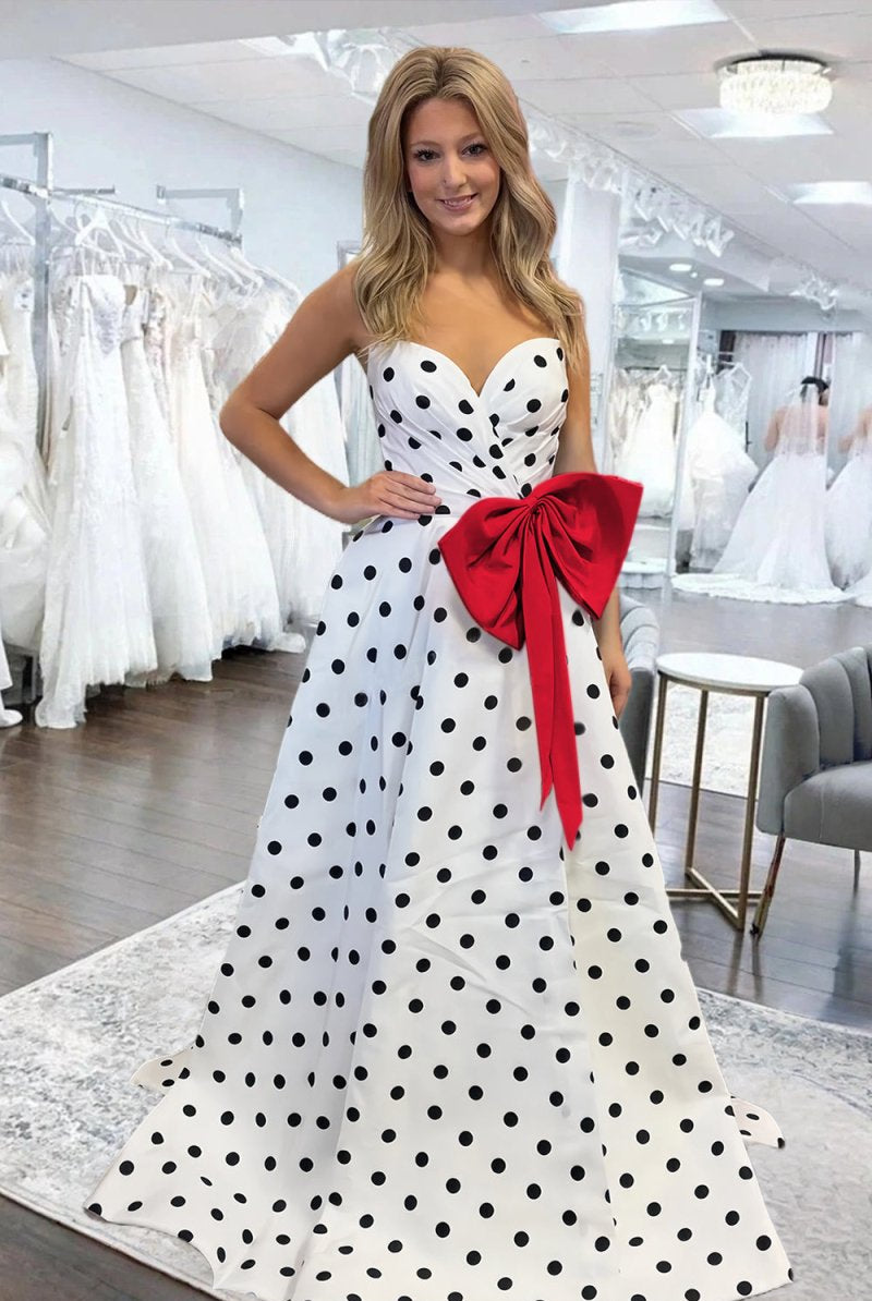 Averna | Red - Strapless A Line Polka Dots Satin Long Prom Dresses With Bow - KissProm