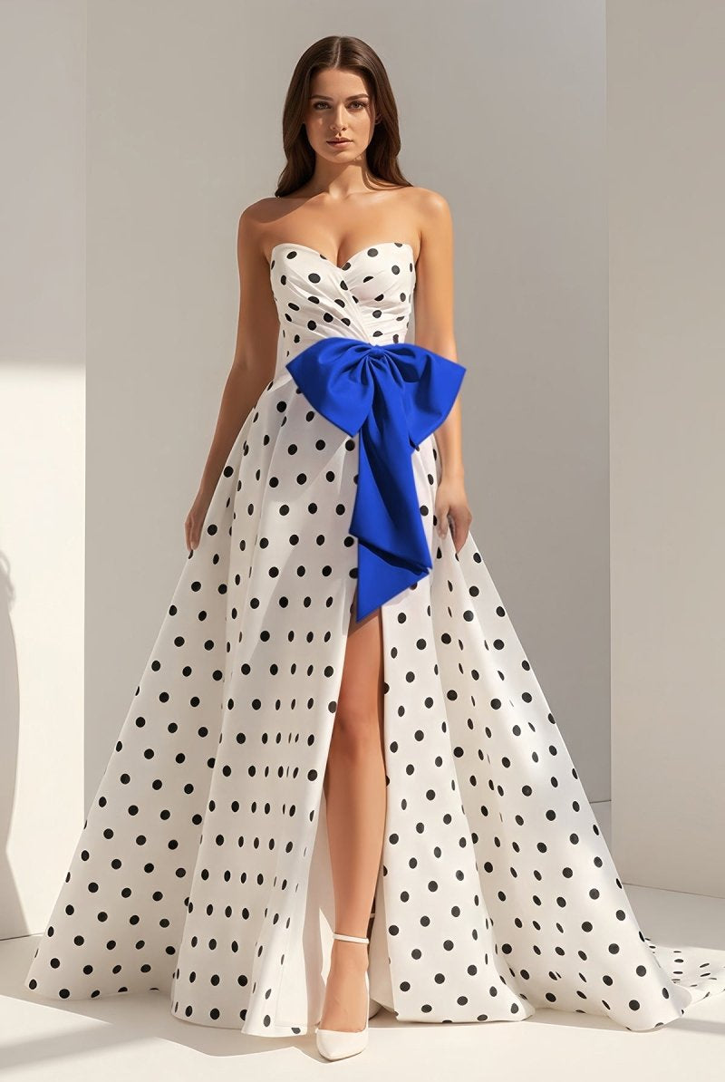 Averna | Royal Blue - Strapless A Line Polka Dots Satin Long Prom Dresses With Bow - KissProm