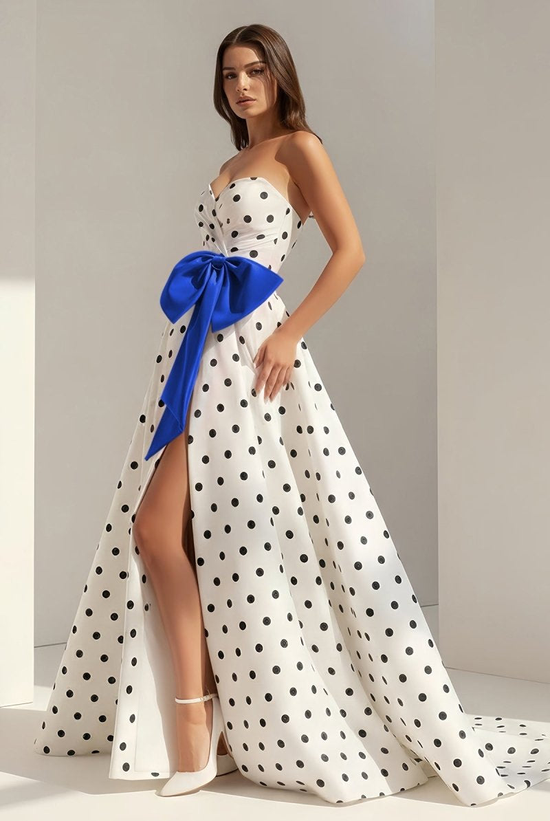 Averna | Royal Blue - Strapless A Line Polka Dots Satin Long Prom Dresses With Bow - KissProm