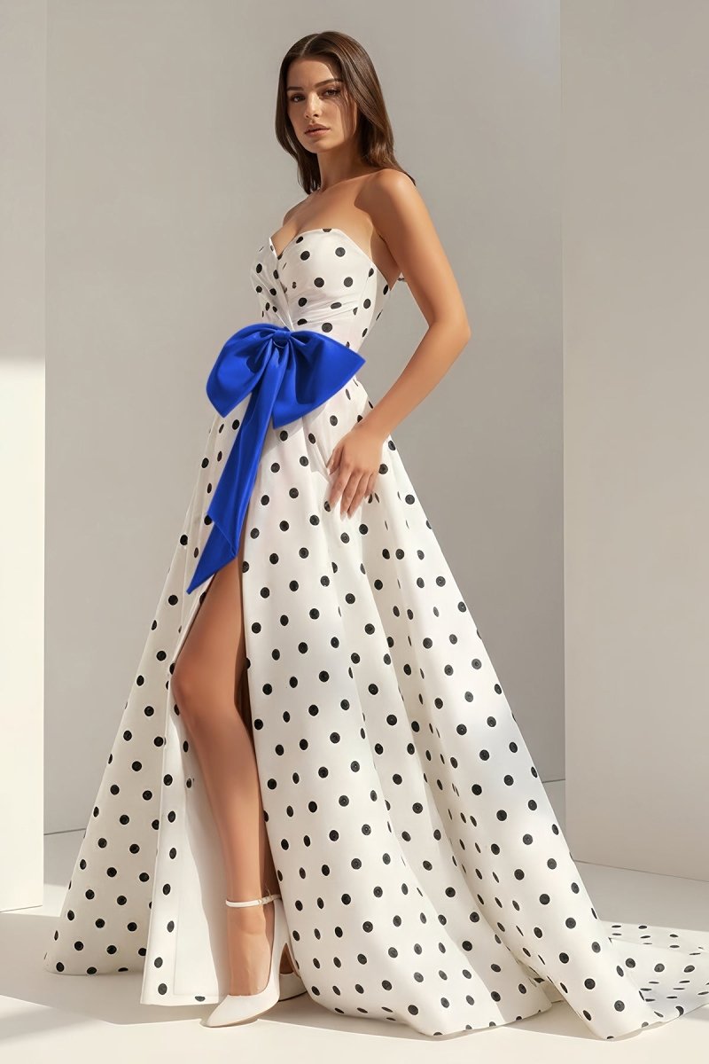 Averna | Royal Blue - Strapless A Line Polka Dots Satin Long Prom Dresses With Bow - KissProm