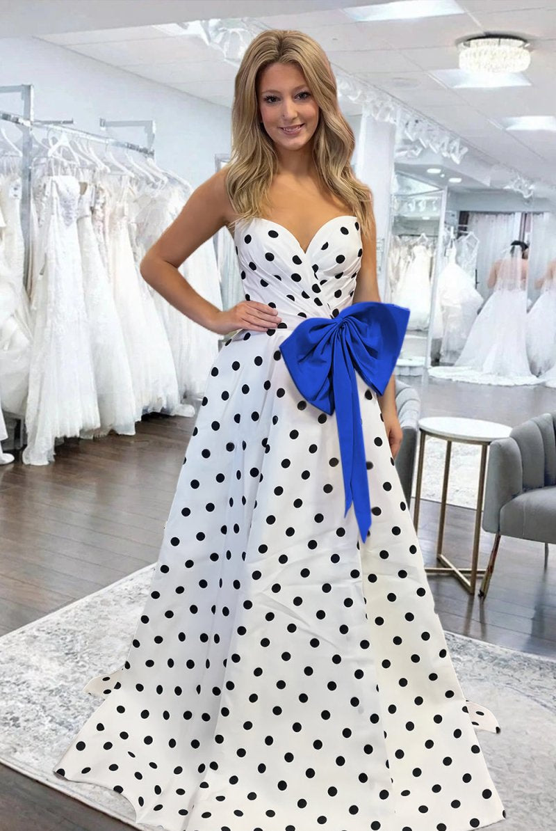 Averna | Royal Blue - Strapless A Line Polka Dots Satin Long Prom Dresses With Bow - KissProm