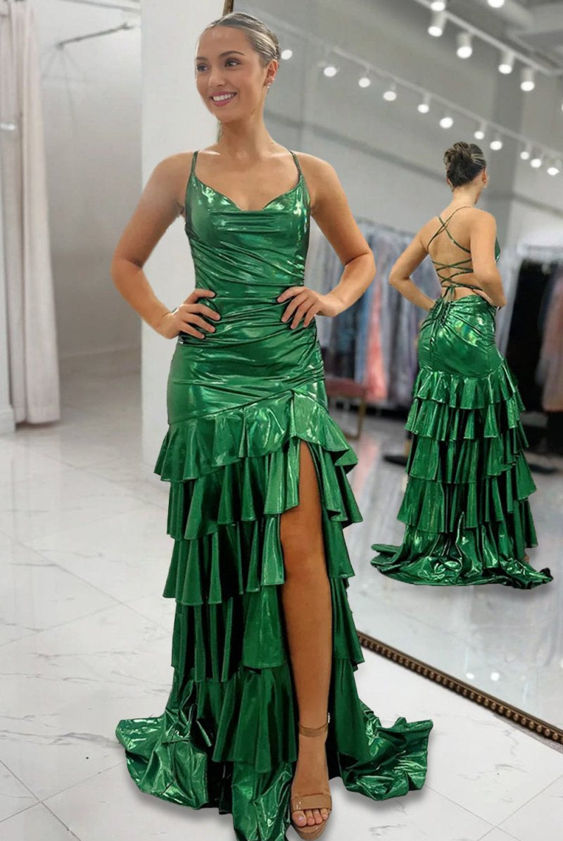 Avoura | Dark Green - Spaghetti Straps Mermaid Metallic Ruffled Prom Dresses With Slit - KissProm