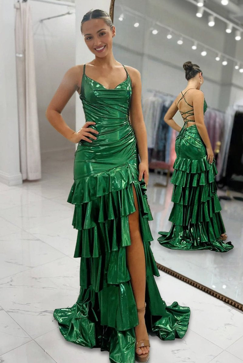 Avoura | Dark Green - Spaghetti Straps Mermaid Metallic Ruffled Prom Dresses With Slit - KissProm