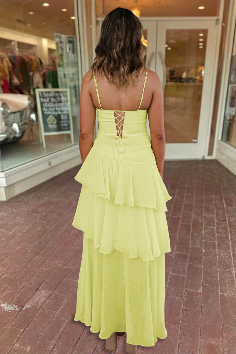 Ayella | Yellow - Spaghetti Straps Sheath Chiffon Pleated Formal Prom Dresses With Ruffles - KissProm