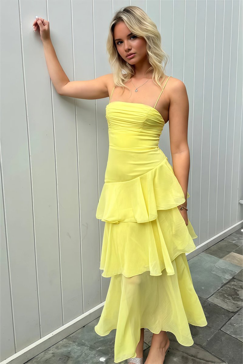 Ayella | Yellow - Spaghetti Straps Sheath Chiffon Pleated Formal Prom Dresses With Ruffles - KissProm