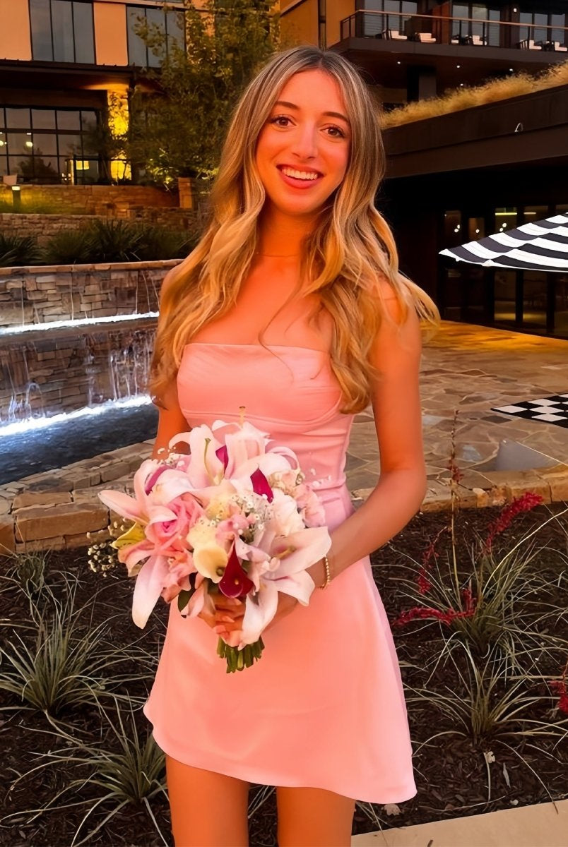 Azel | Pink - Square Neck Sleeveless A Line Short Cocktail Dresses