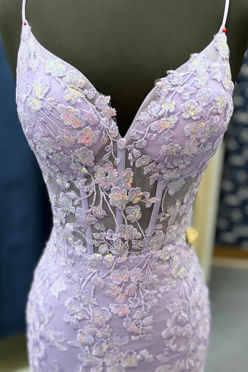 Azenor | Sage Green Spaghetti Straps Mermaid Prom Dress With Appliques - KissProm