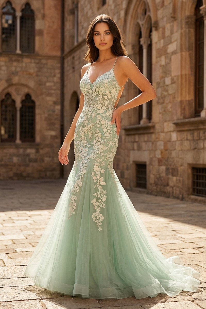 KissProm Sage Green Spaghetti Straps Mermaid Prom Dress With Appliques, Sage Green / 14