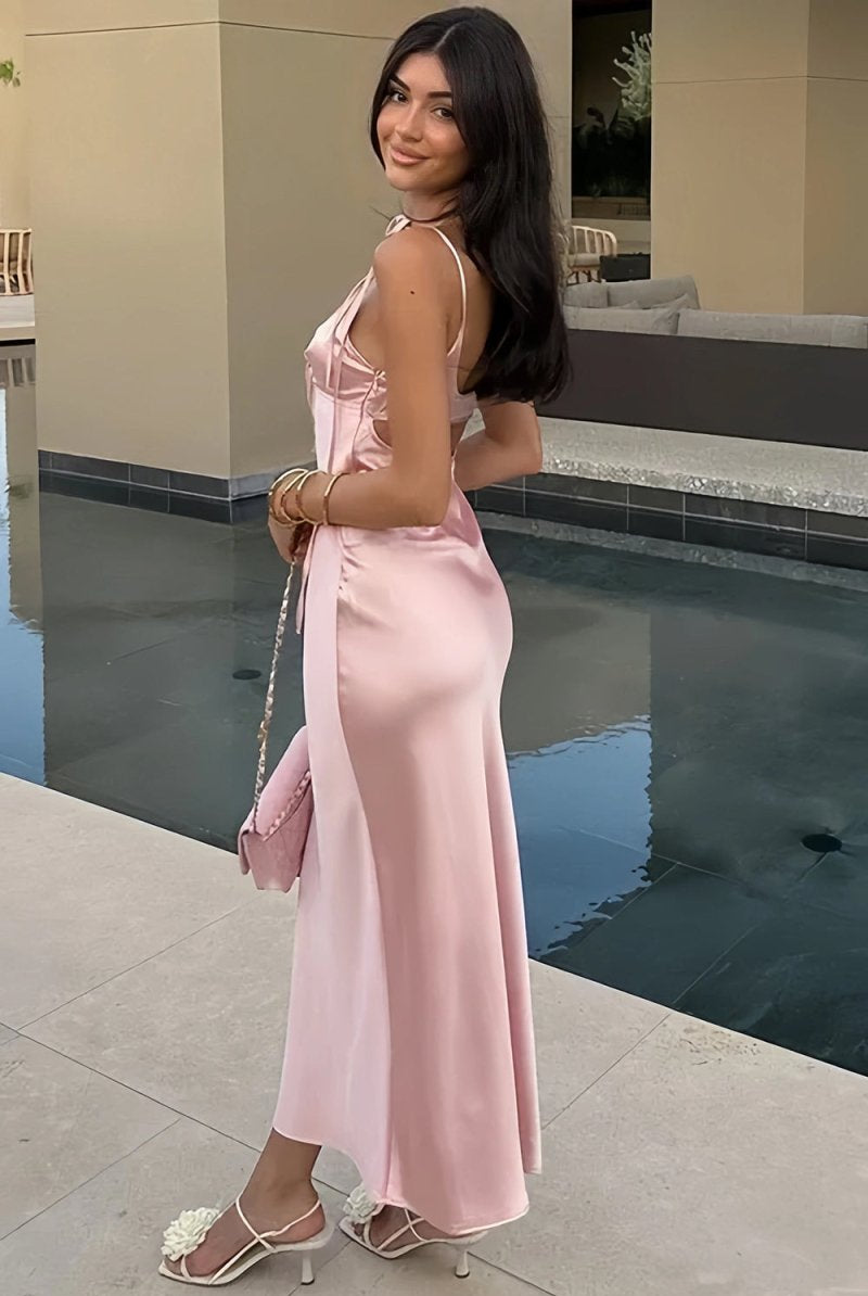 Azlie | Pink Sheath Spaghetti Straps Satin Long Prom Dresses With Keyhole - KissProm