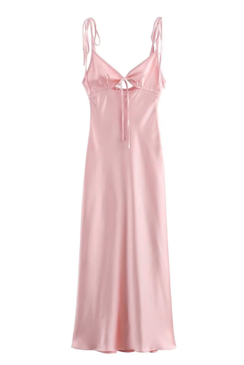 Azlie | Pink Sheath Spaghetti Straps Satin Long Prom Dresses With Keyhole - KissProm