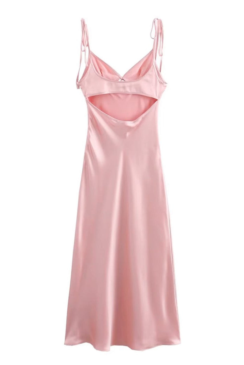 Azlie | Pink Sheath Spaghetti Straps Satin Long Prom Dresses With Keyhole - KissProm