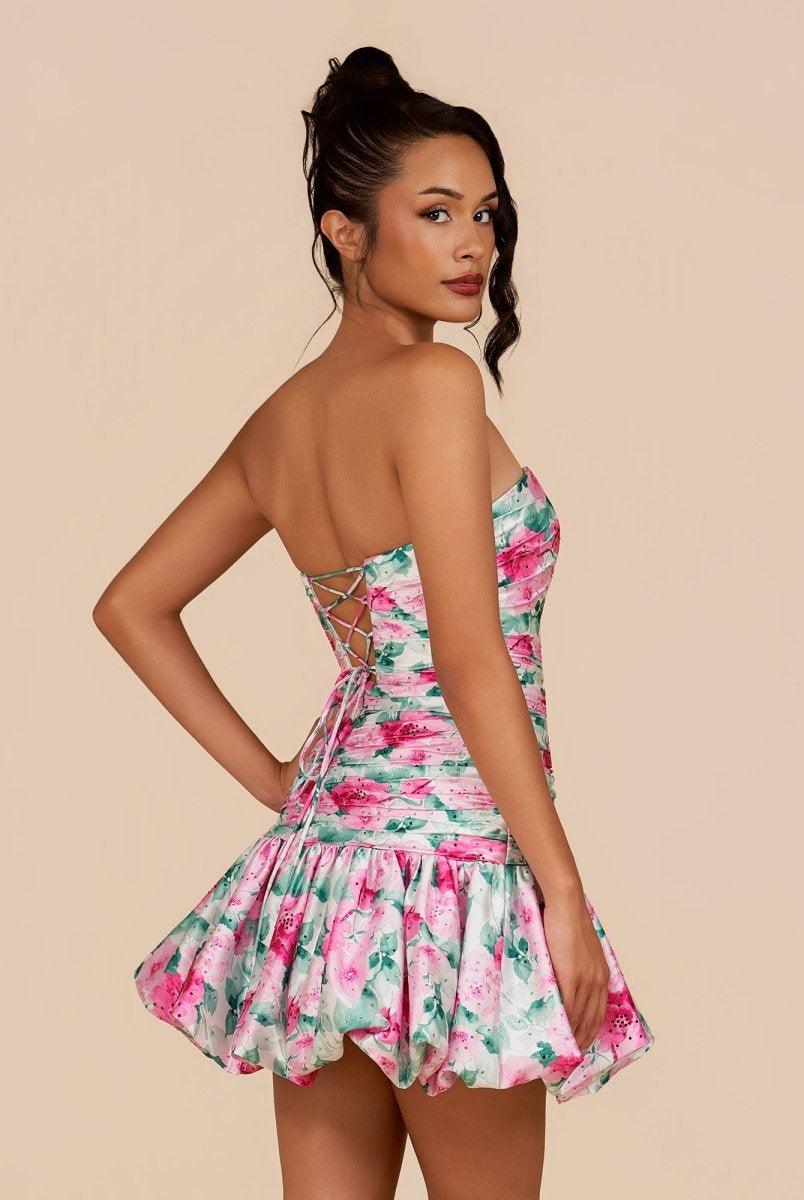 Azucena | White - Sheath Floral Strapless Beaded Short Homecoming Dresses