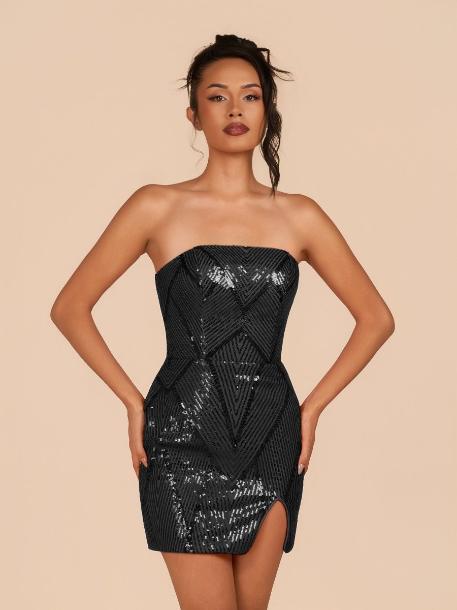Azuraia | Black - Strapless Bodycon Sequins Homecoming Dresses With Slit