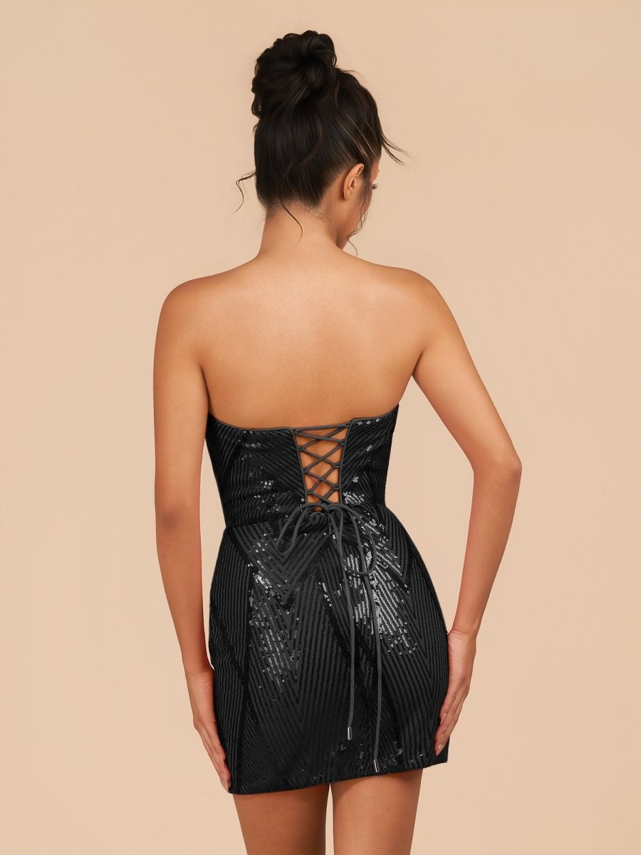 Azuraia | Black - Strapless Bodycon Sequins Homecoming Dresses With Slit