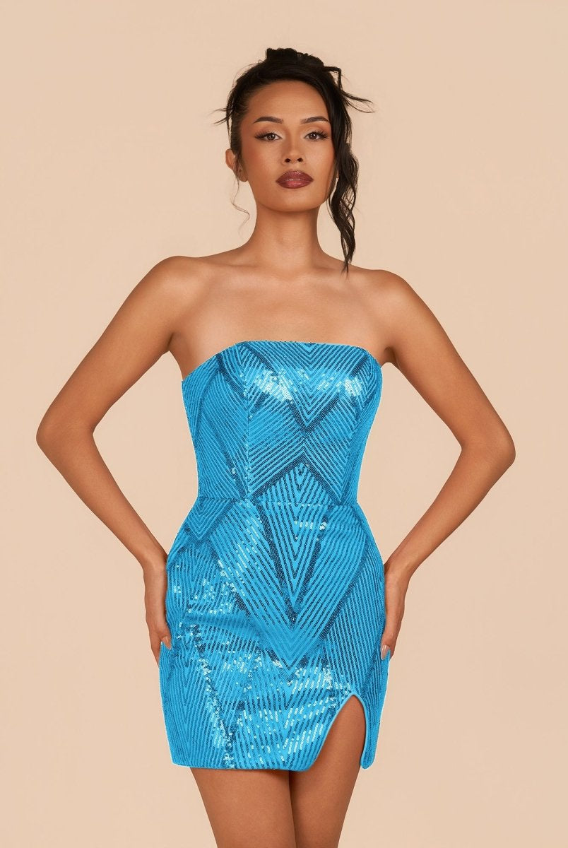 Azuraia | Blue - Strapless Bodycon Sequins Homecoming Dresses With Slit