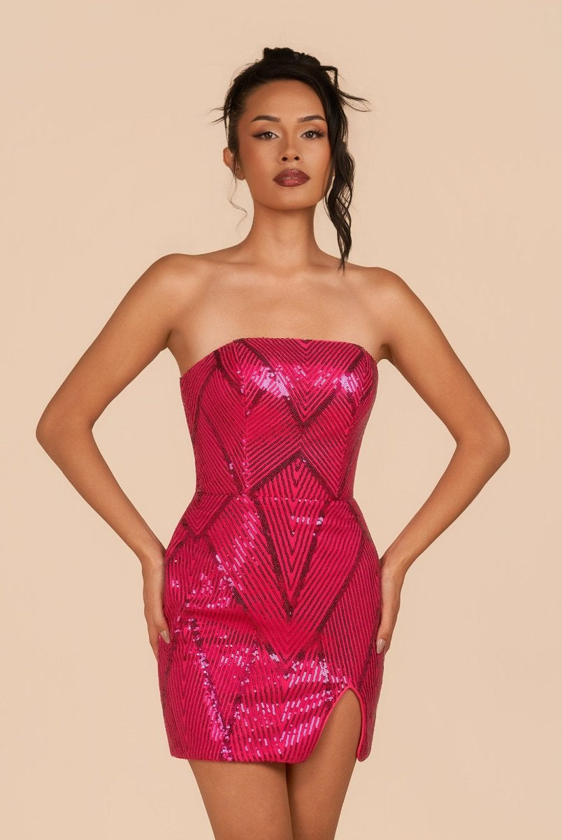 Azuraia | Fuchsia - Strapless Bodycon Sequins Homecoming Dresses With Slit