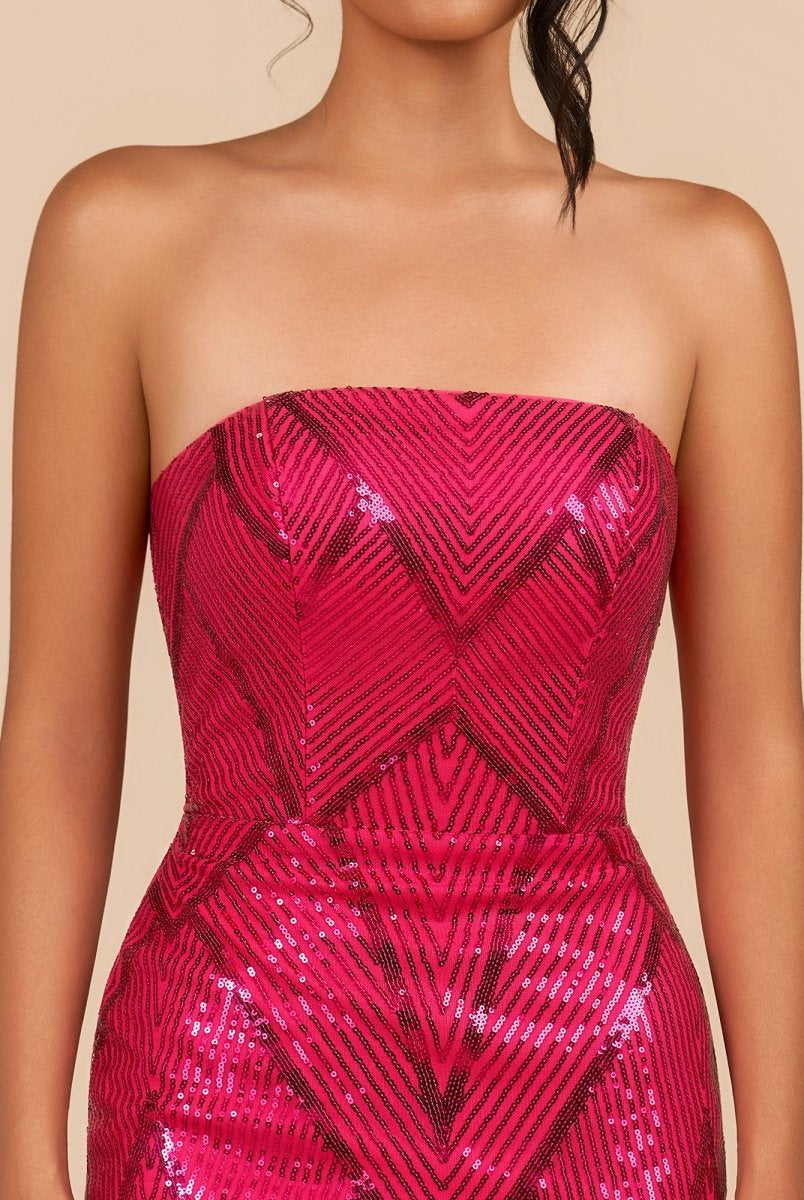 Azuraia | Fuchsia - Strapless Bodycon Sequins Homecoming Dresses With Slit