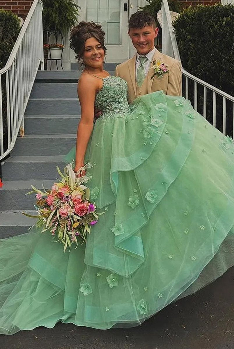 Azurena | Ball Gown Sweetheart Sage Green Tulle Long Prom Dresses with Appliques