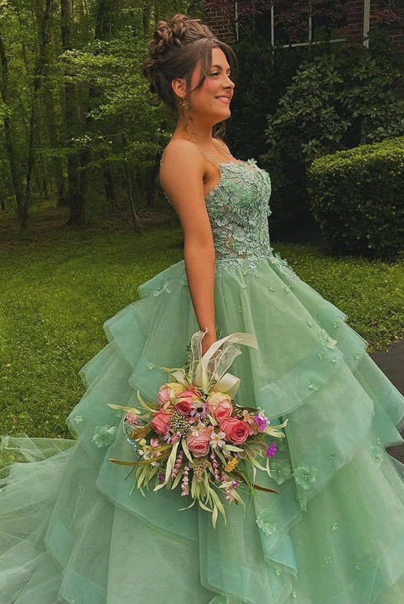 Azurena | Ball Gown Sweetheart Sage Green Tulle Long Prom Dresses with Appliques