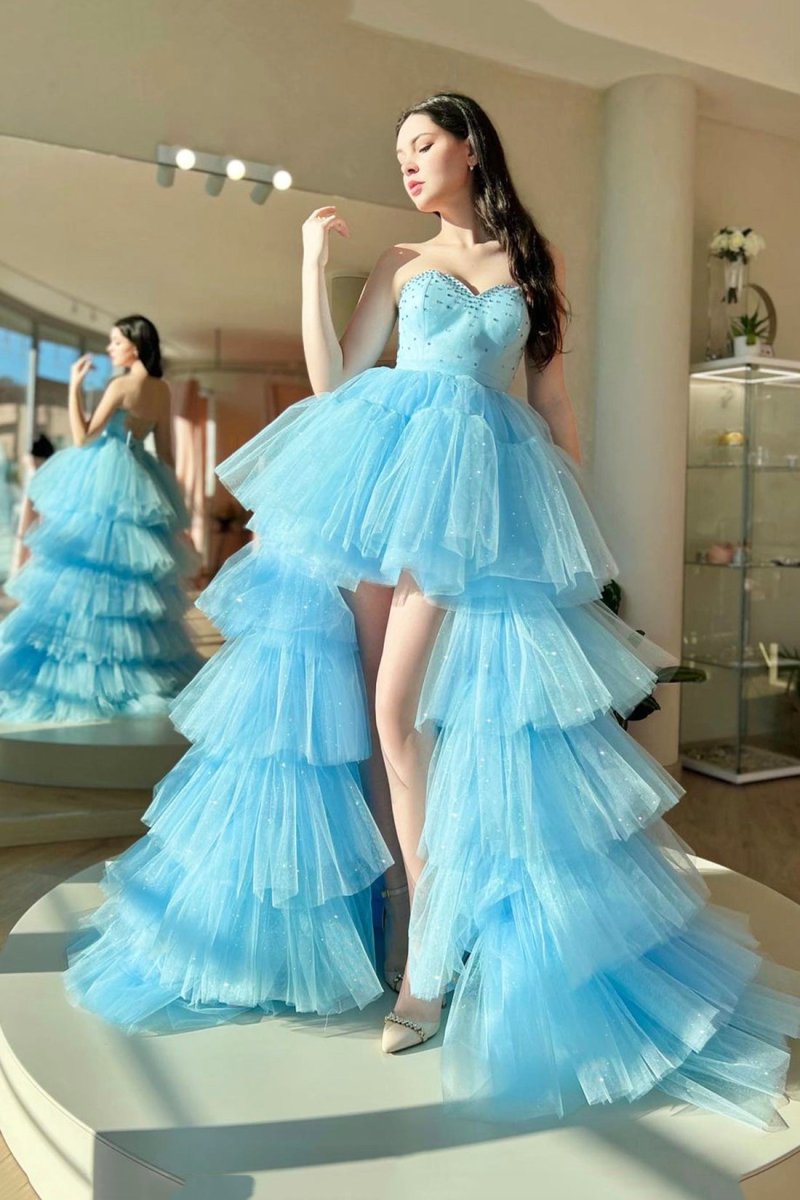 Light Blue Sweetheart Tulle Flowers A Line Prom Dress