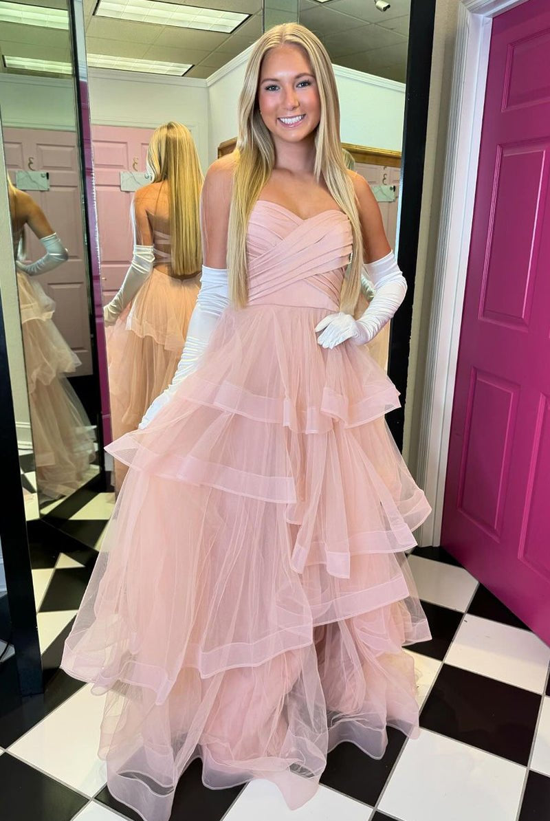 Stacia | A - Line Strapless Blush Pink Ruffle Tiered Tulle Long Prom Dresses - KissProm