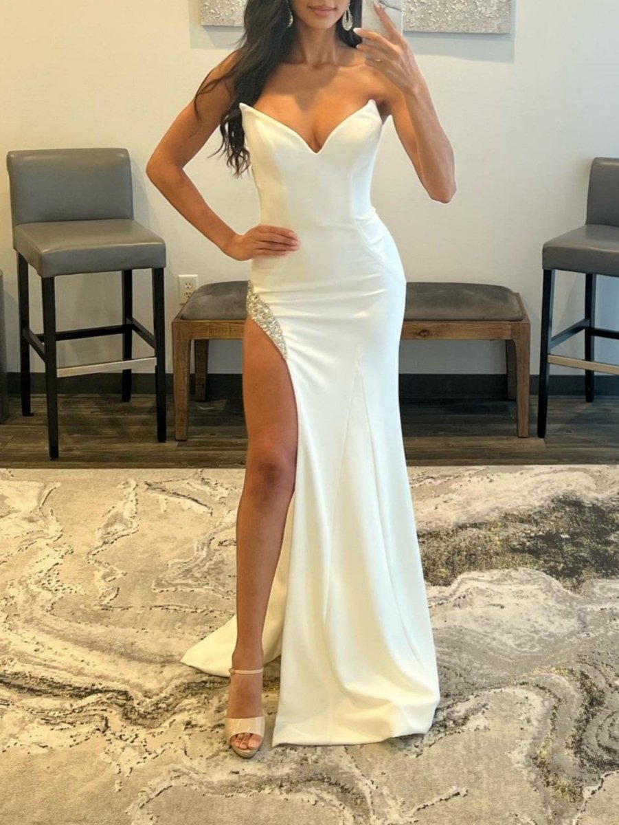 White Strapless V Neck Long Prom Dress With Slit - KissProm