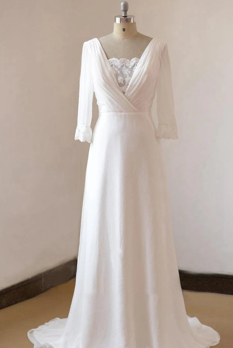 A-Line Chiffon Lace White Satin Weddig Dress