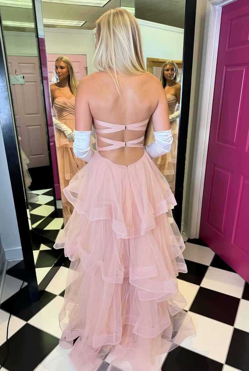 Stacia | A - Line Strapless Blush Pink Ruffle Tiered Tulle Long Prom Dresses - KissProm
