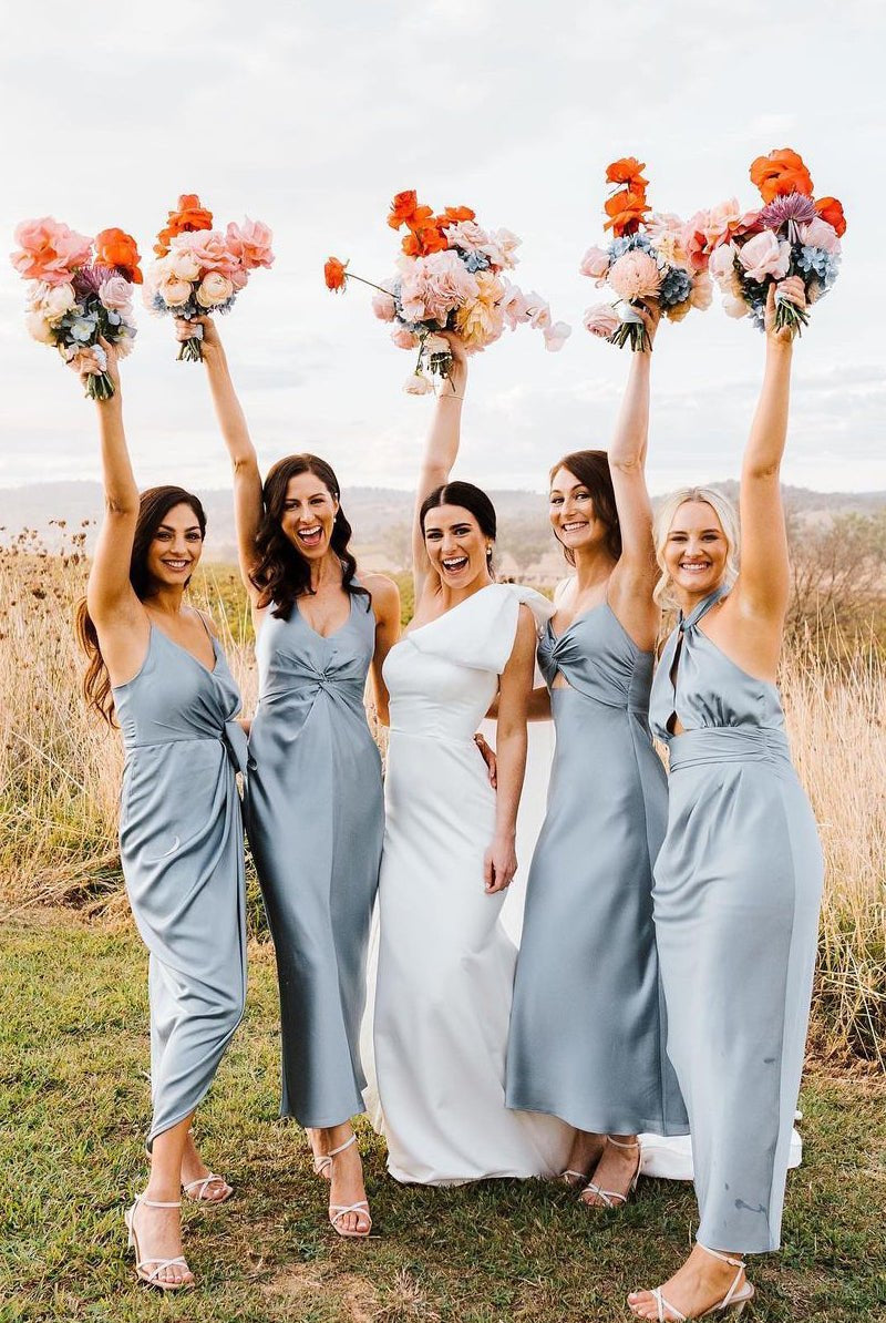 Elegant Sheath Halter Silk Satin Bridesmaid Dresses - KissProm