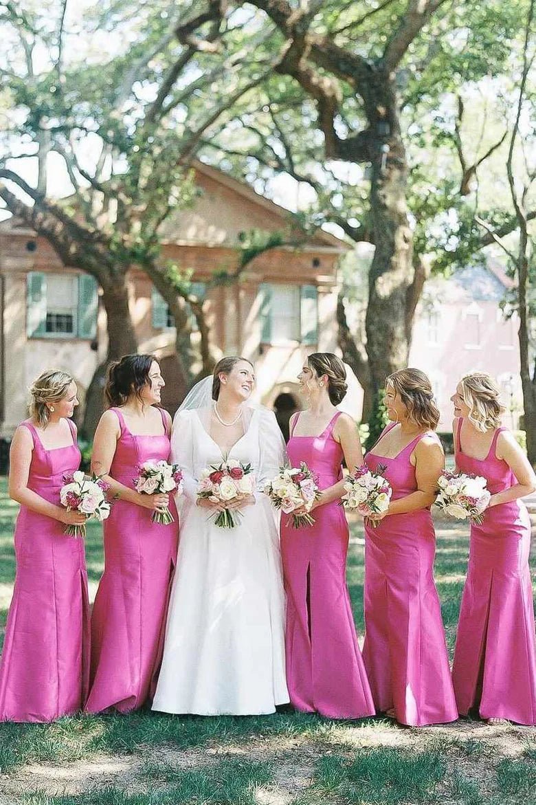 Sheath Square Neck Fuchsia Satin Bridesmaid Dresses with Bow - KissProm