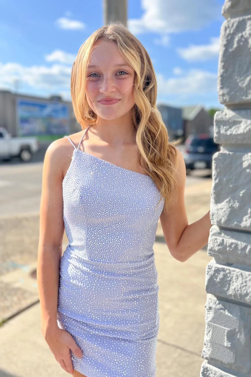 Aurielle | Sheath One Shoulder Lace Up Tight Beaded Homecoming Dress