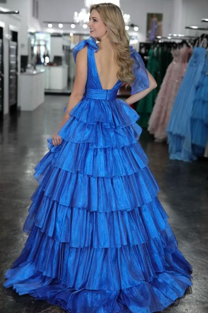 KissProm-August Royal Blue Glitter Tie Straps Pink Plunging Neck Tiered Long Prom Dress