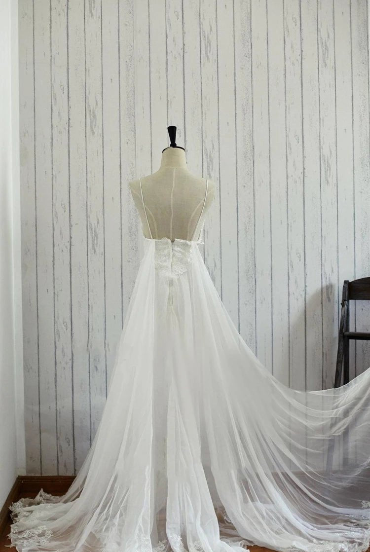 A-Line Backless Chiffon Lace Satin Wedding Dress