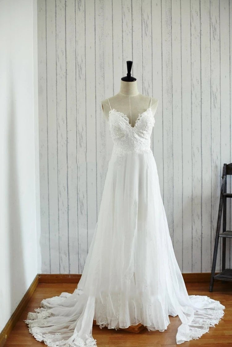 A-Line Backless Chiffon Lace Satin Wedding Dress