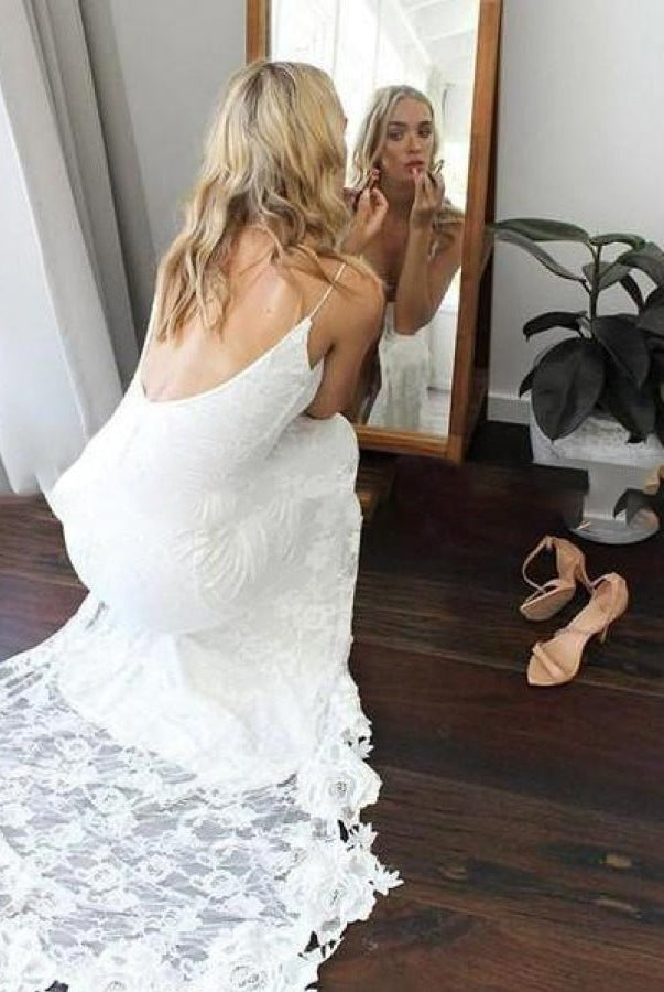 Kailin | Backless Spaghetti Straps Lace Appliqued Boho Wedding Dress with High Slit