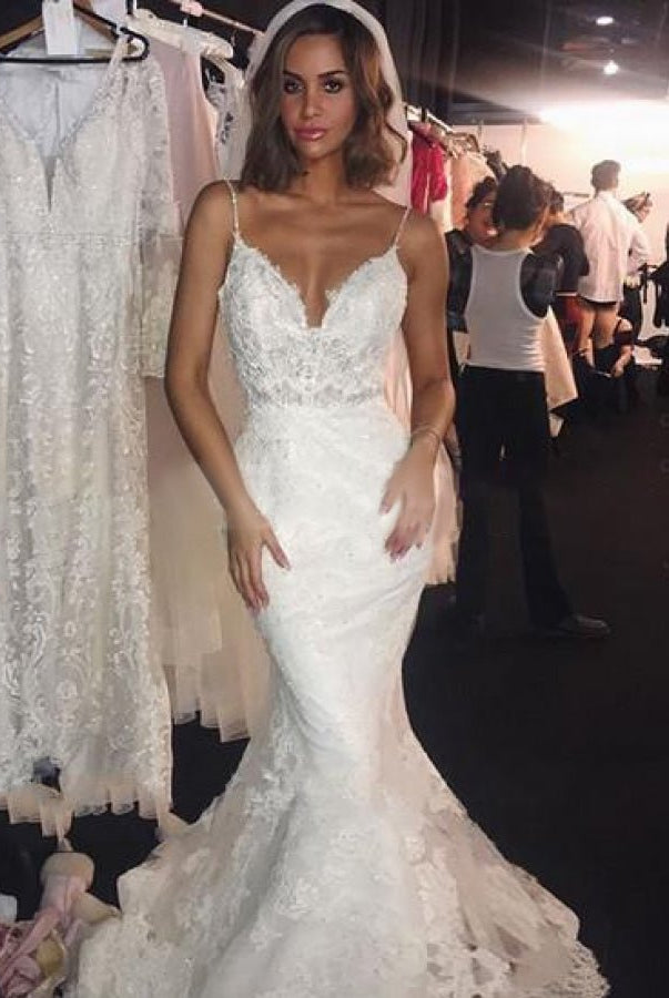 Spaghetti-Straps Backless Mermaid Lace Wedding Dresses with Appliques